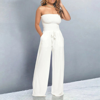 Strapless Ruched LaceUp WideLeg Jumpsuit for Chic Streetwear - Blu Lotus Boutique