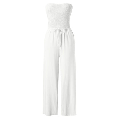 Strapless Ruched LaceUp WideLeg Jumpsuit for Chic Streetwear - Blu Lotus Boutique