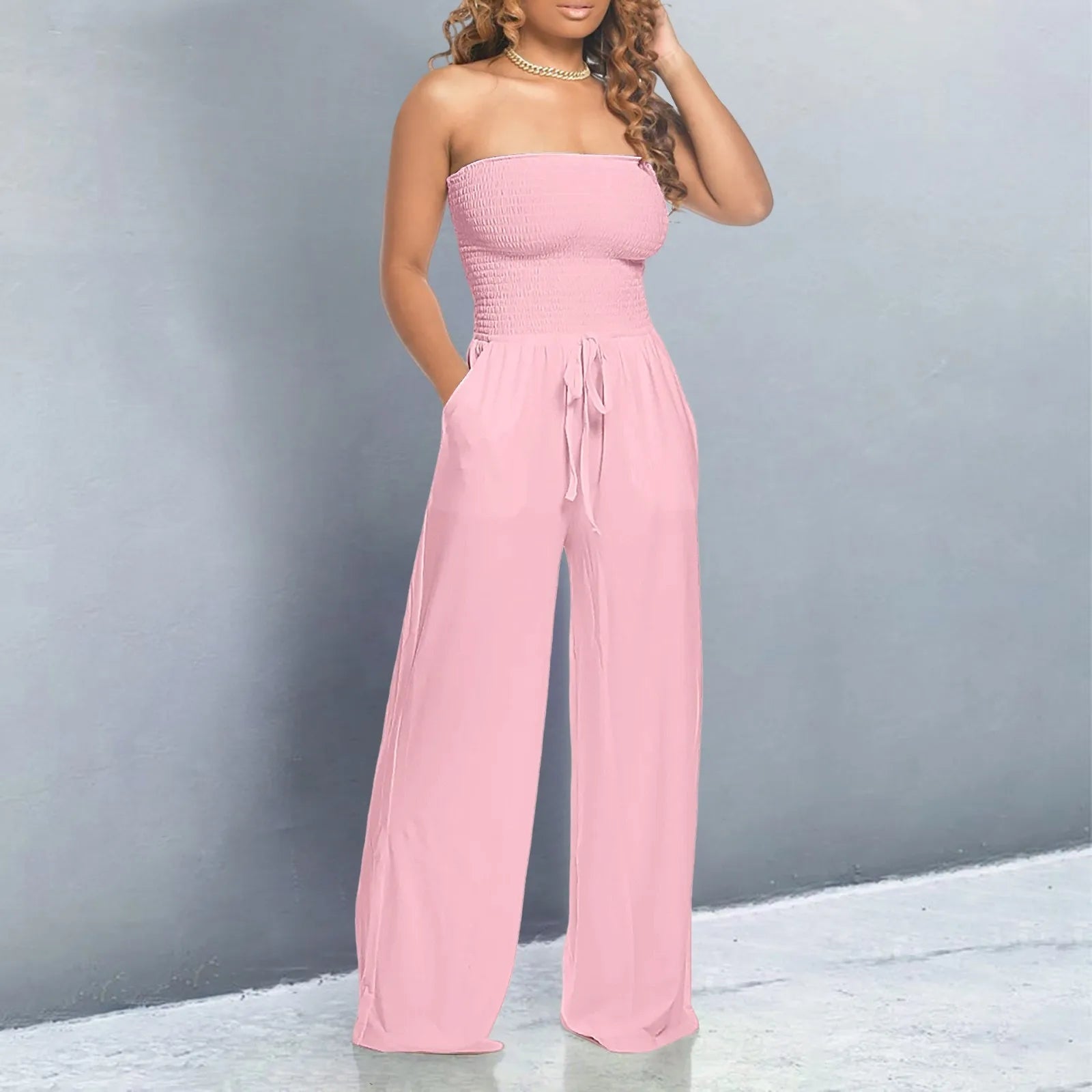 Strapless Ruched LaceUp WideLeg Jumpsuit for Chic Streetwear - Blu Lotus Boutique