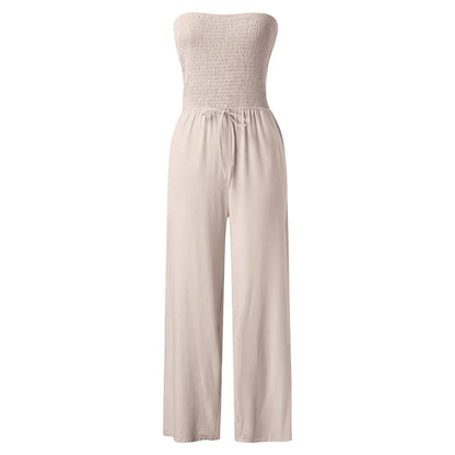 Strapless Ruched LaceUp WideLeg Jumpsuit for Chic Streetwear - Blu Lotus Boutique