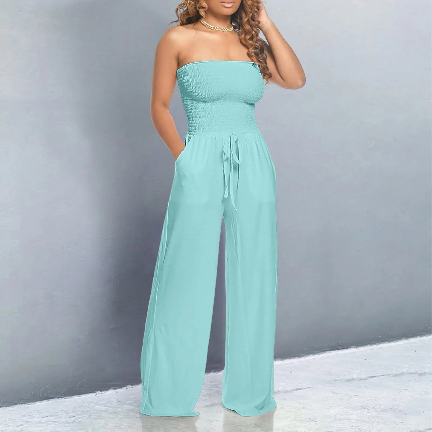 Strapless Ruched LaceUp WideLeg Jumpsuit for Chic Streetwear - Blu Lotus Boutique