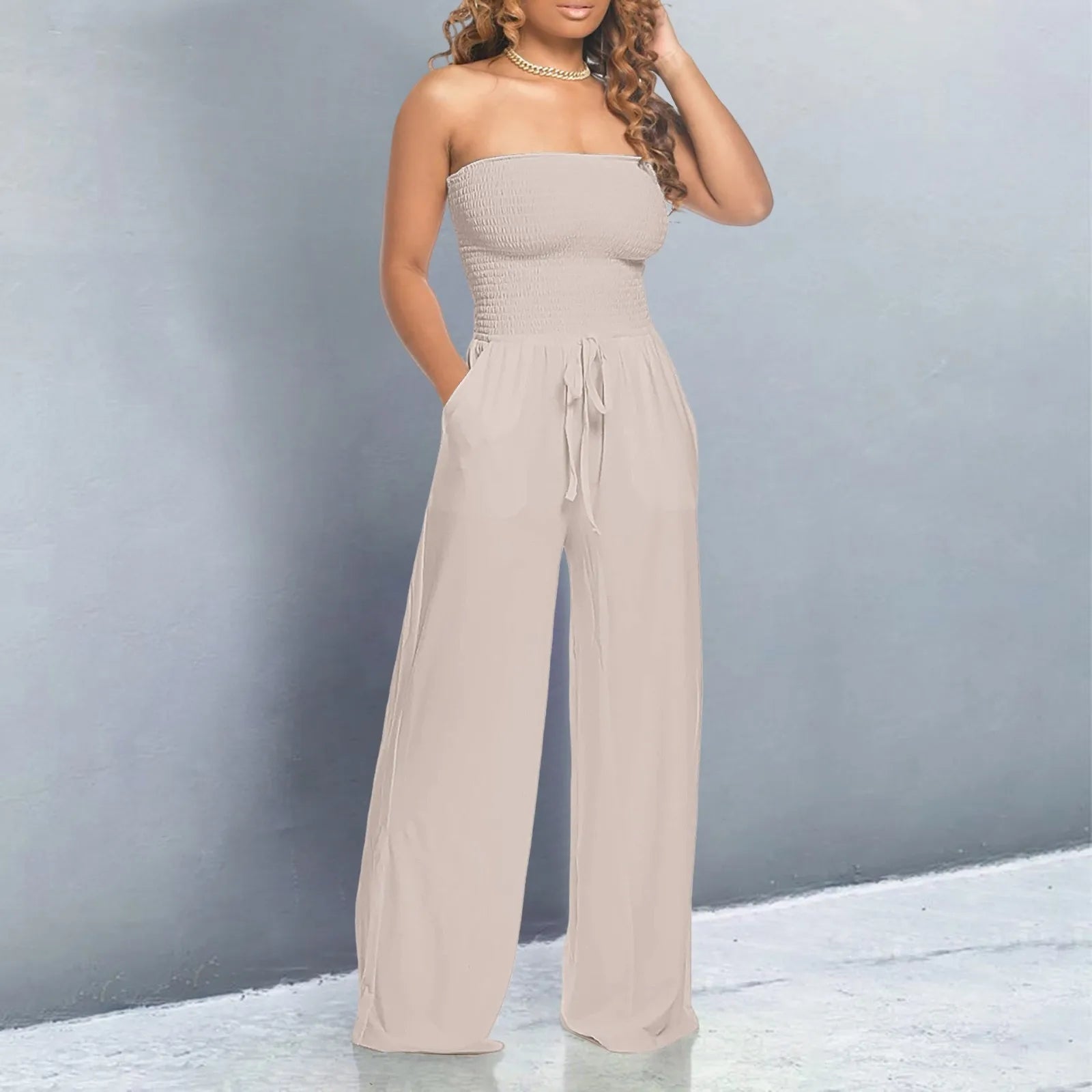 Strapless Ruched LaceUp WideLeg Jumpsuit for Chic Streetwear - Blu Lotus Boutique