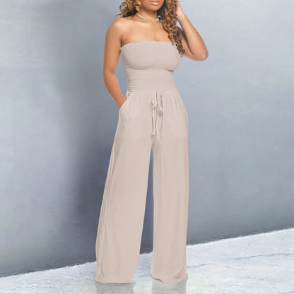 Strapless Ruched LaceUp WideLeg Jumpsuit for Chic Streetwear - Blu Lotus Boutique