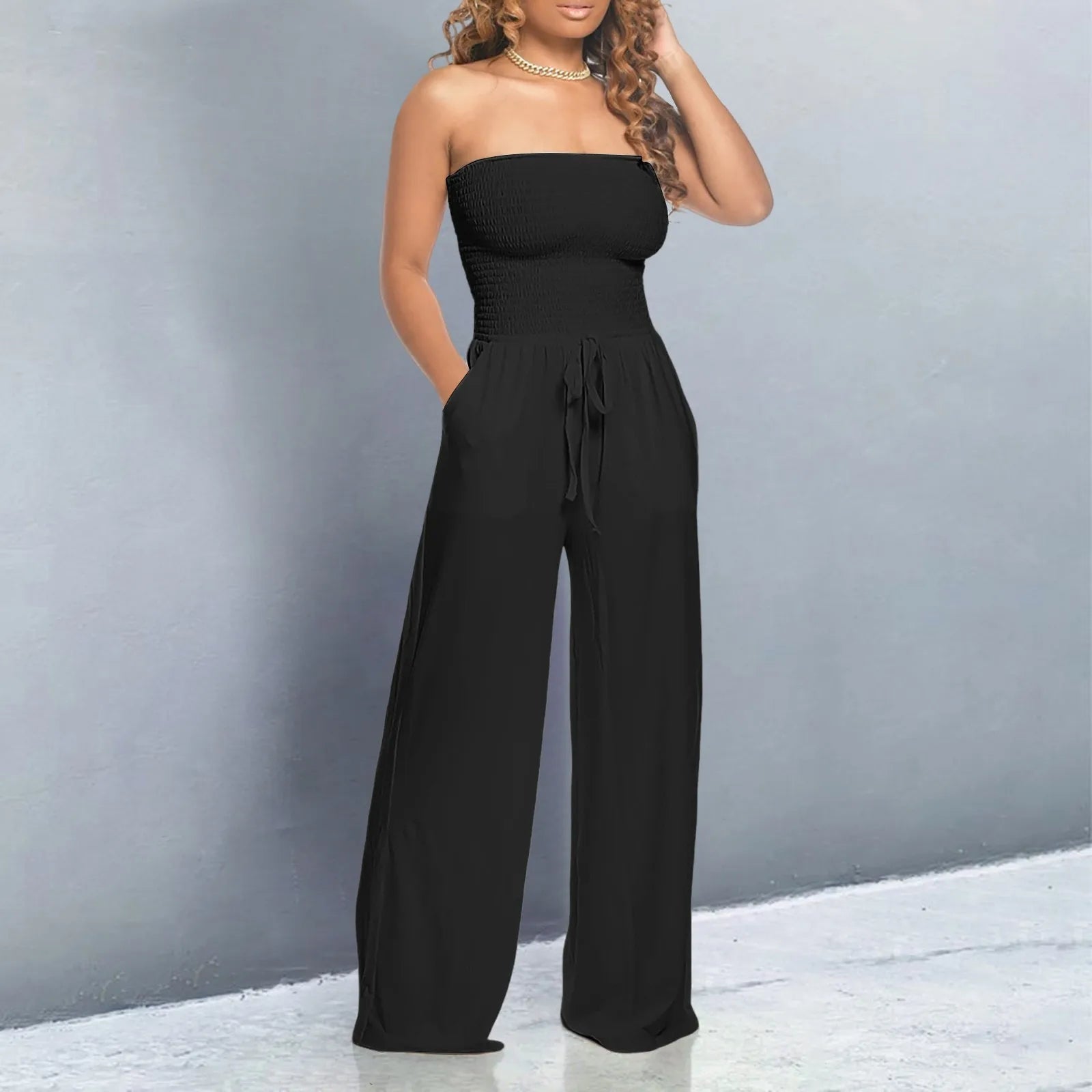 Strapless Ruched LaceUp WideLeg Jumpsuit for Chic Streetwear - Blu Lotus Boutique