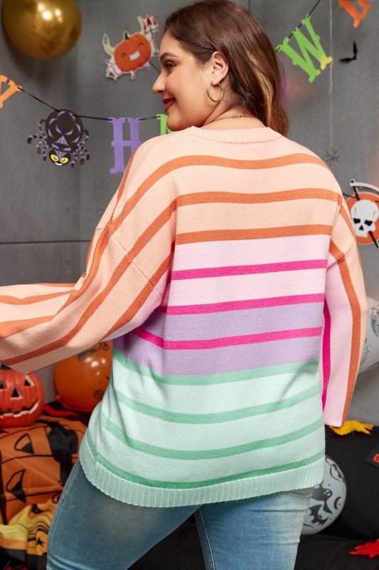 Strip Balloon Sleeve Crewneck Plus Size Sweater - Blu Lotus Boutique