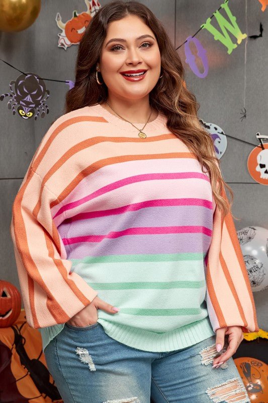 Strip Balloon Sleeve Crewneck Plus Size Sweater - Blu Lotus Boutique