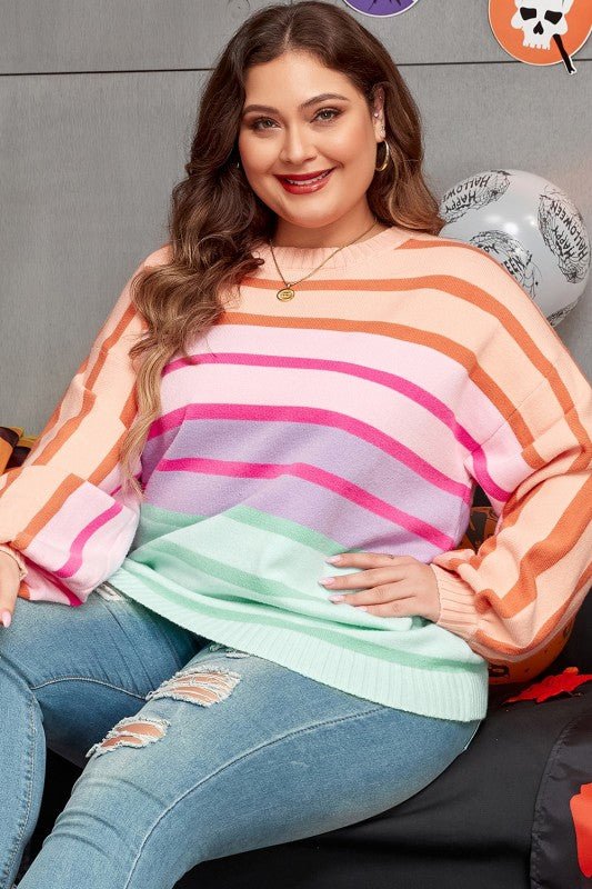 Strip Balloon Sleeve Crewneck Plus Size Sweater - Blu Lotus Boutique