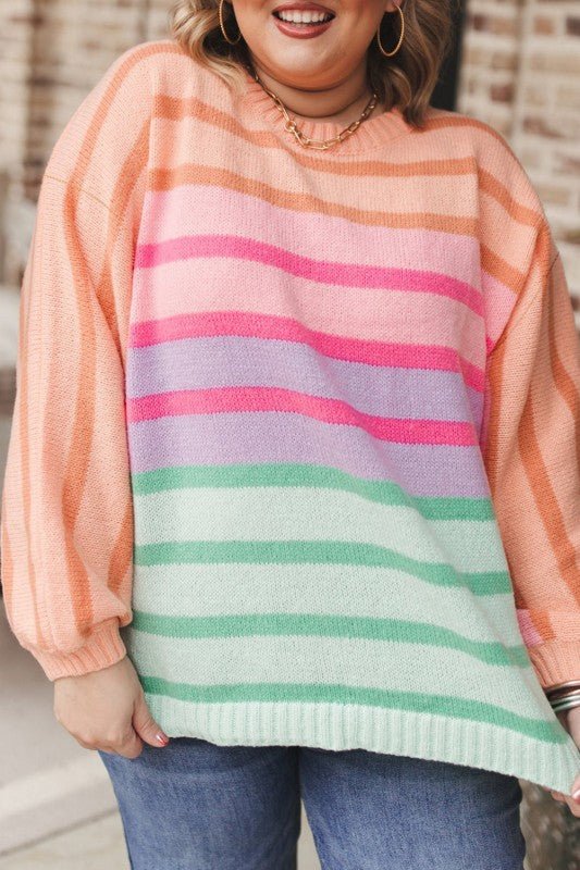 Strip Balloon Sleeve Crewneck Plus Size Sweater - Blu Lotus Boutique
