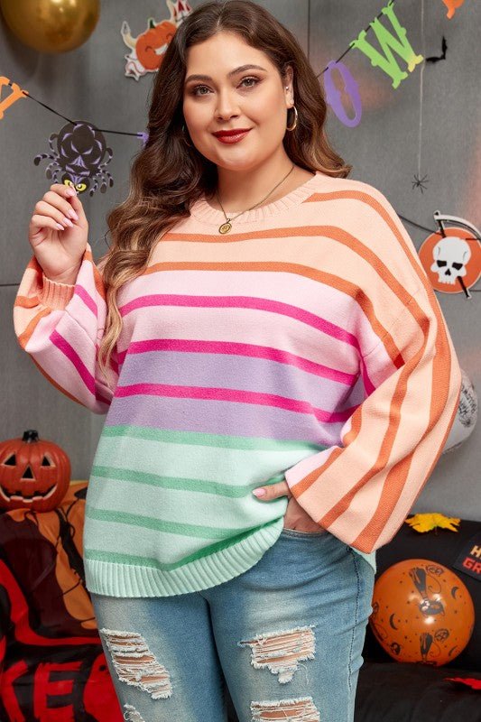 Strip Balloon Sleeve Crewneck Plus Size Sweater - Blu Lotus Boutique