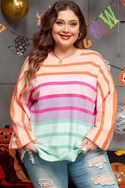 Strip Balloon Sleeve Crewneck Plus Size Sweater - Blu Lotus Boutique