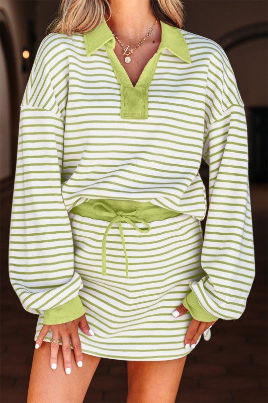 Stripe Collared V - Neck Pullover and Skort Set - Blu Lotus Boutique
