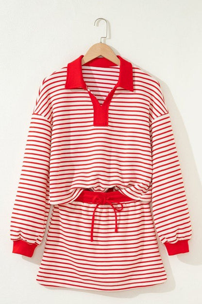 Stripe Collared V - Neck Pullover and Skort Set - Blu Lotus Boutique