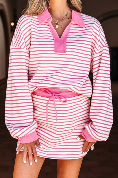 Stripe Collared V - Neck Pullover and Skort Set - Blu Lotus Boutique