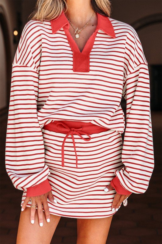 Stripe Collared V - Neck Pullover and Skort Set - Blu Lotus Boutique
