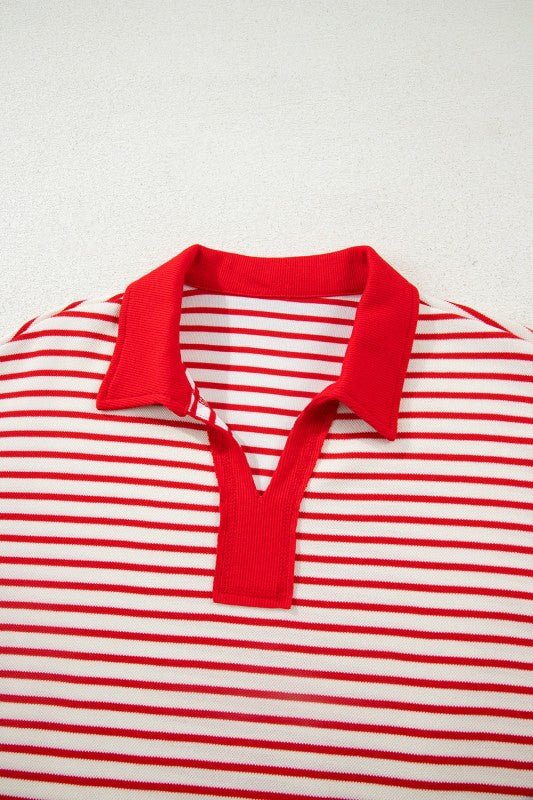 Stripe Collared V - Neck Pullover and Skort Set - Blu Lotus Boutique