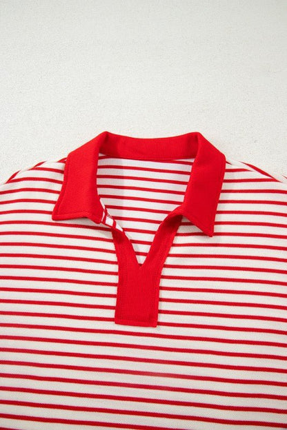 Stripe Collared V - Neck Pullover and Skort Set - Blu Lotus Boutique