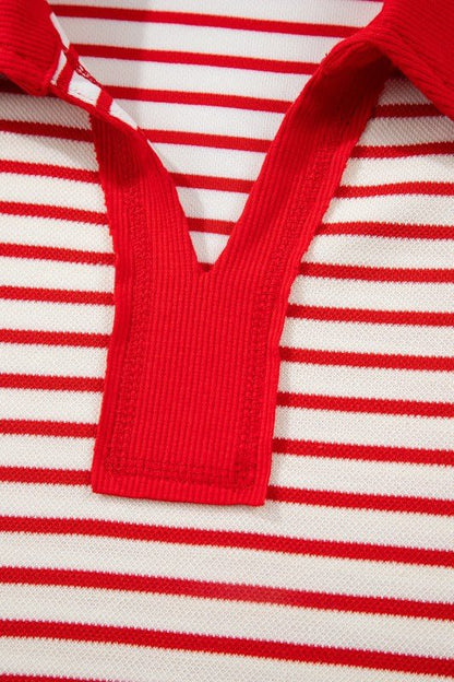 Stripe Collared V - Neck Pullover and Skort Set - Blu Lotus Boutique