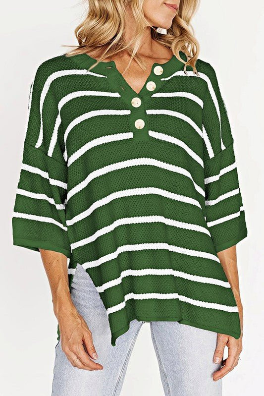 Stripe Drop Shoulder Oversized Henley Knit Tee - Blu Lotus Boutique
