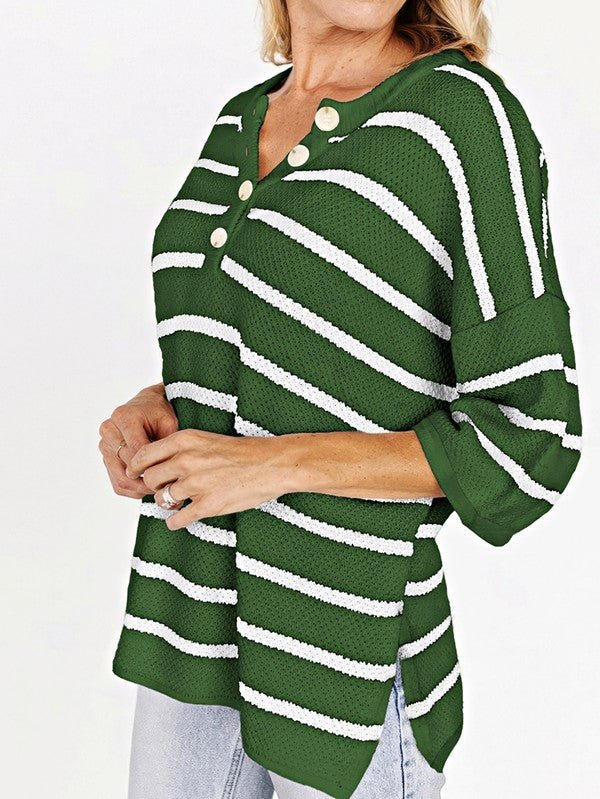 Stripe Drop Shoulder Oversized Henley Knit Tee - Blu Lotus Boutique
