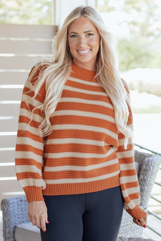 Stripe Ribbed Trim Drop Shoulder Sweater - Blu Lotus Boutique