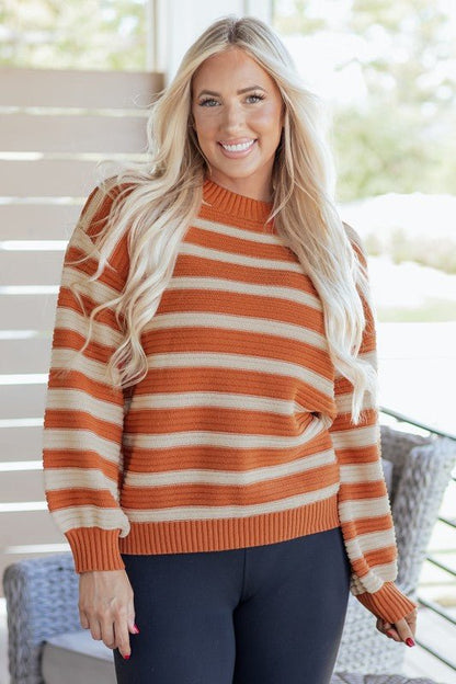 Stripe Ribbed Trim Drop Shoulder Sweater - Blu Lotus Boutique