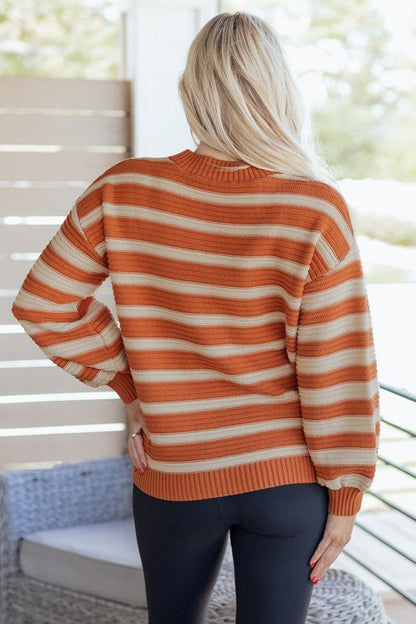 Stripe Ribbed Trim Drop Shoulder Sweater - Blu Lotus Boutique