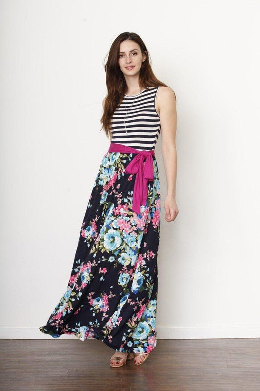 Stripe sleeveless sash maxi dress - Blu Lotus Boutique