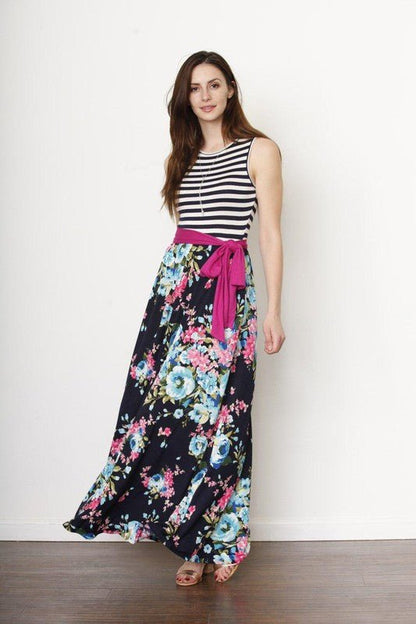 Stripe sleeveless sash maxi dress - Blu Lotus Boutique