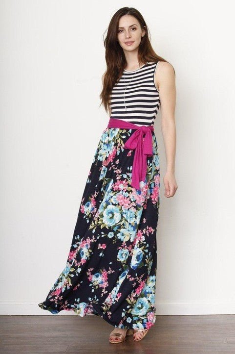 Stripe sleeveless sash maxi dress - Blu Lotus Boutique