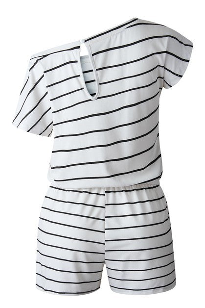 Striped Short Sleeve Drawstring Waist Romper - Blu Lotus Boutique