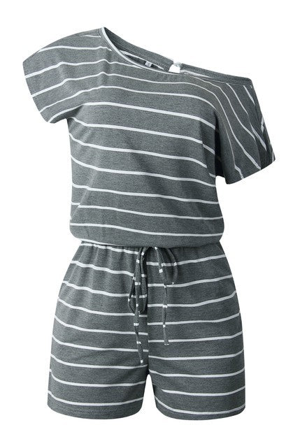 Striped Short Sleeve Drawstring Waist Romper - Blu Lotus Boutique