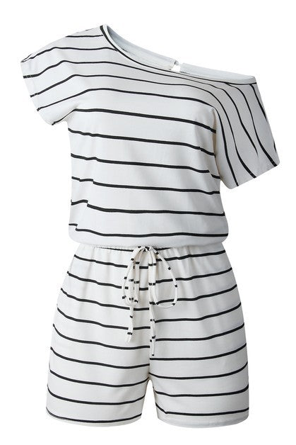 Striped Short Sleeve Drawstring Waist Romper - Blu Lotus Boutique