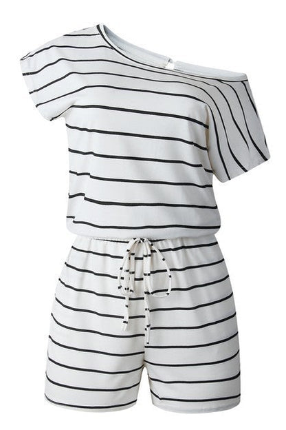 Striped Short Sleeve Drawstring Waist Romper - Blu Lotus Boutique