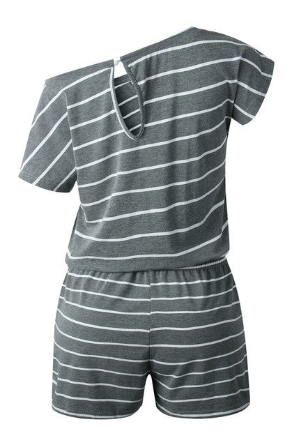 Striped Short Sleeve Drawstring Waist Romper - Blu Lotus Boutique