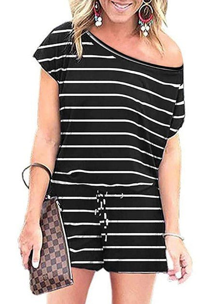 Striped Short Sleeve Drawstring Waist Romper - Blu Lotus Boutique