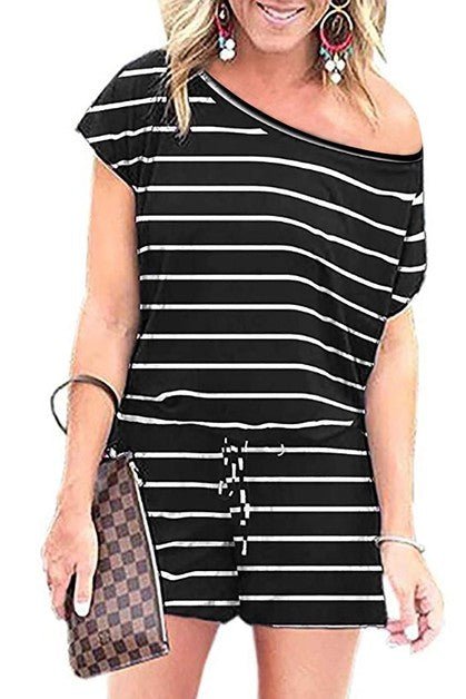 Striped Short Sleeve Drawstring Waist Romper - Blu Lotus Boutique