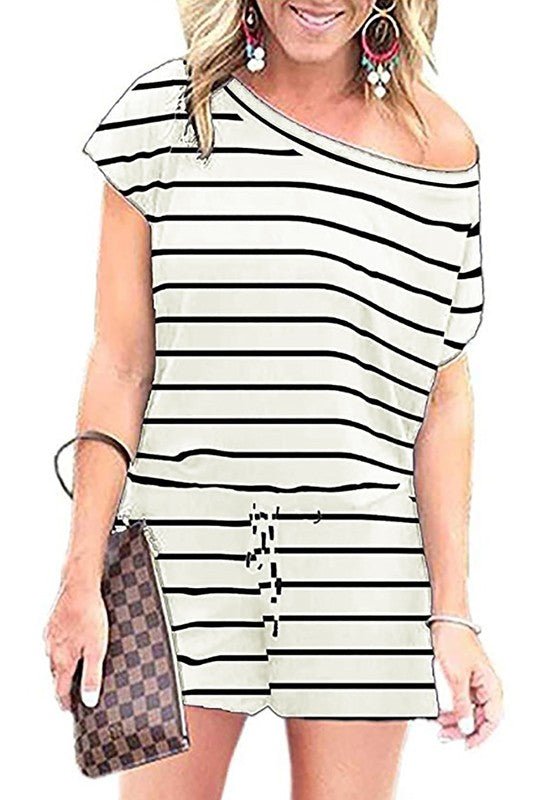 Striped Short Sleeve Drawstring Waist Romper - Blu Lotus Boutique