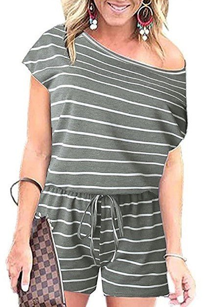 Striped Short Sleeve Drawstring Waist Romper - Blu Lotus Boutique