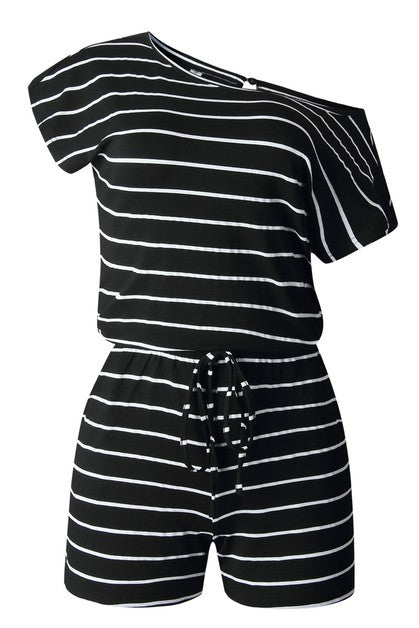 Striped Short Sleeve Drawstring Waist Romper - Blu Lotus Boutique