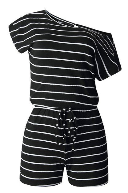 Striped Short Sleeve Drawstring Waist Romper - Blu Lotus Boutique