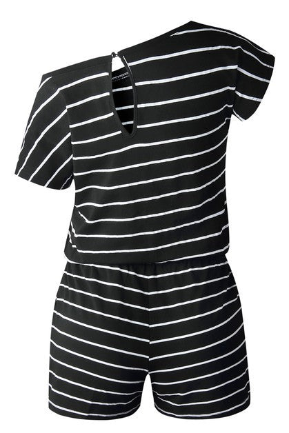 Striped Short Sleeve Drawstring Waist Romper - Blu Lotus Boutique