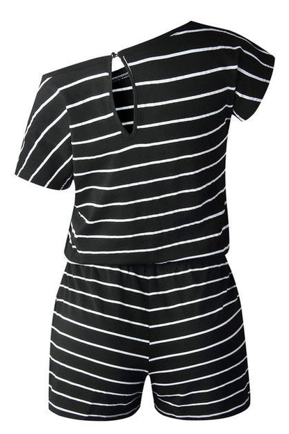 Striped Short Sleeve Drawstring Waist Romper - Blu Lotus Boutique