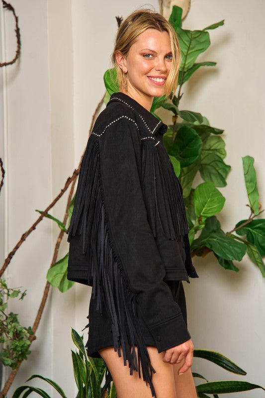Suede Studded Fringe Jacket - Blu Lotus Boutique