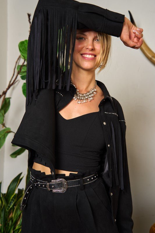 Suede Studded Fringe Jacket - Blu Lotus Boutique
