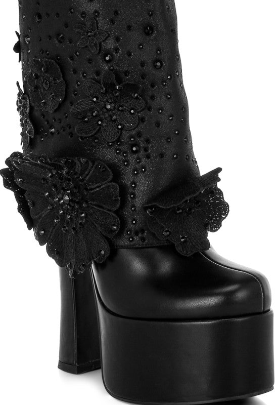Sundra Floral Applique Platform Heeled Boots - Blu Lotus Boutique