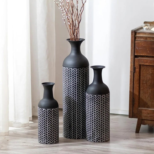 Sziqiqi Black Large Floor Vases: 27/20/16in Tall Metal Floor Vase Set of 3 Giant Floor Standing Vintage Big Vase for Living Room - Blu Lotus Boutique