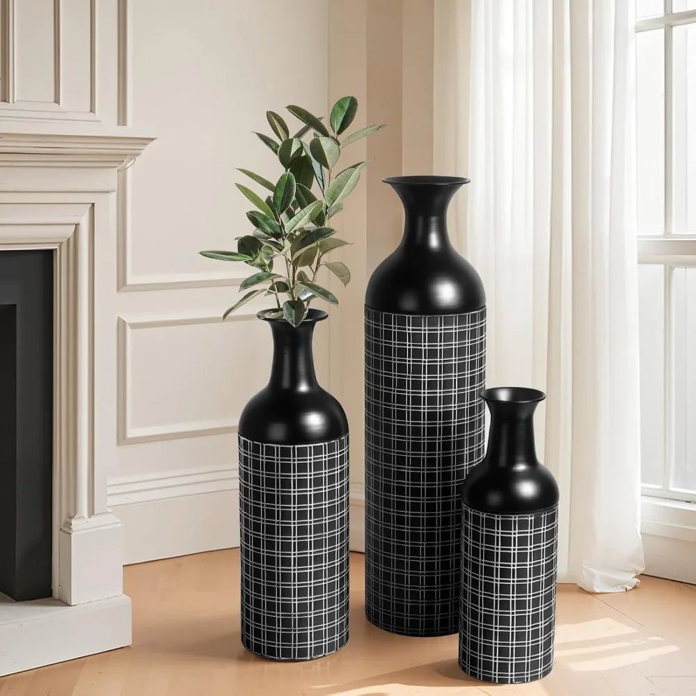 Tall Floor Vase Set of 3, Large Black Metal Vase with Minimalist White Lines & Detachable Vases Mouth, Big Modern Decorative Vas - Blu Lotus Boutique