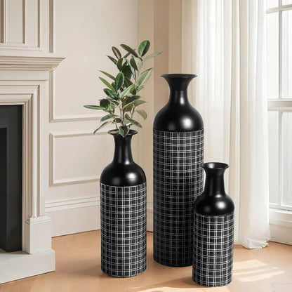 Tall Floor Vase Set of 3, Large Black Metal Vase with Minimalist White Lines & Detachable Vases Mouth, Big Modern Decorative Vas - Blu Lotus Boutique