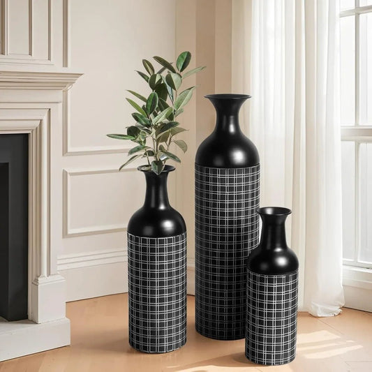 Tall Floor Vase Set of 3, Large Black Metal Vase with Minimalist White Lines & Detachable Vases Mouth, Big Modern Decorative Vas - Blu Lotus Boutique