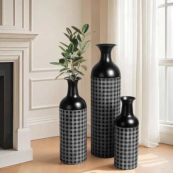 Tall Floor Vase Set of 3, Large Black Metal Vase with Minimalist White Lines & Detachable Vases Mouth, Big Modern Decorative Vas - Blu Lotus Boutique